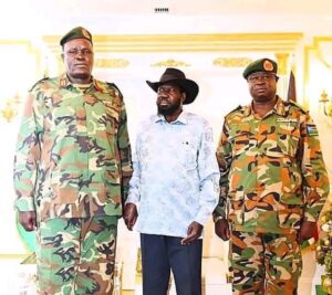 SSPDF Chief Paul Nang (left), President Kiir (center), and Gen. Johnson Olony (right). Photo: File